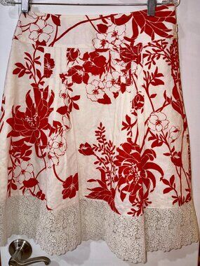 Ann Taylor Orange Cream Floral Print Linen Skirt Sz 4P Lace Hem Lined